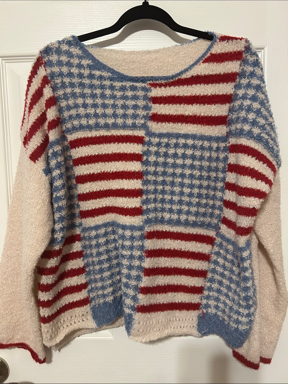 SHEIN Patchwork Striped Crewneck Sweater in Red, Blue & Cream